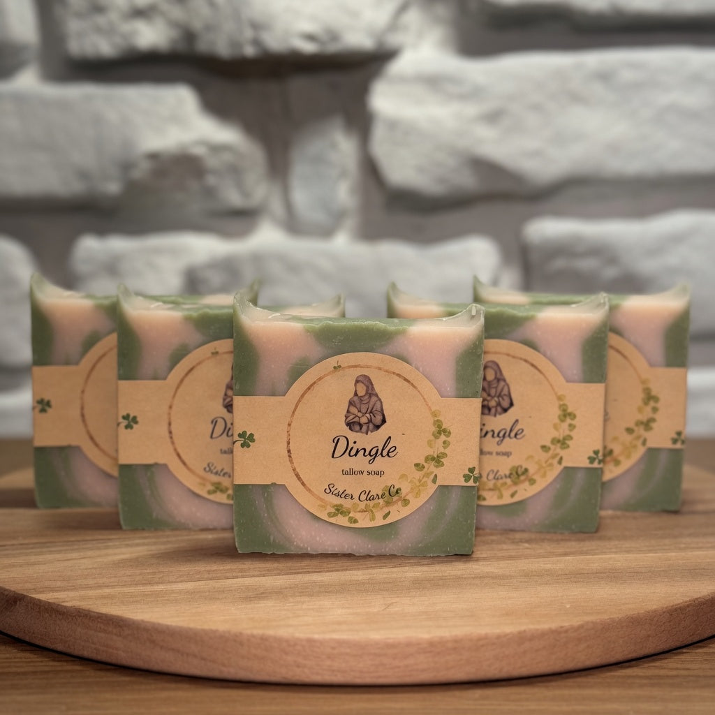 Dingle Tallow Soap row display – striking marbled design and faith-filled Irish heritage for skin that feels soft, healthy, and renewed. Sister Clare Co. Handmade with Love & Prayer • Joy Purely Natural”