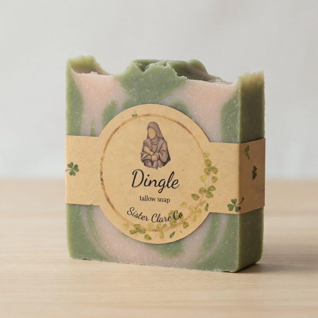 Dingle Tallow Soap side view showing rich thickness and natural swirls – grass-fed tallow deeply conditions while lemongrass lifts the spirit. Sister Clare Co. Handmade with Love & Prayer • Joy Purely Natural