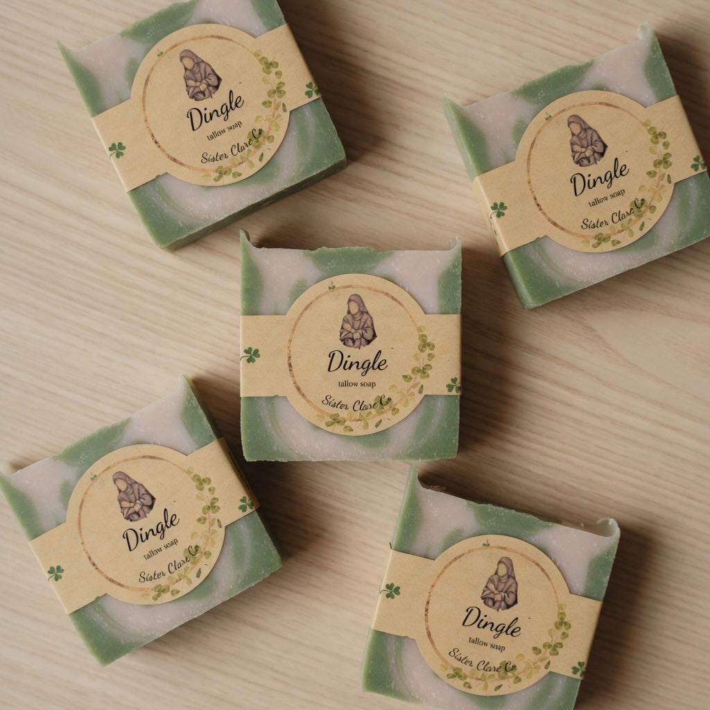 Dingle Tallow Soap flat-lay arrangement – beautiful white and green marbling honors Dingle, Ireland and Sister Clare Crockett with every use. Sister Clare Co. Handmade with Love & Prayer • Joy Purely Natural