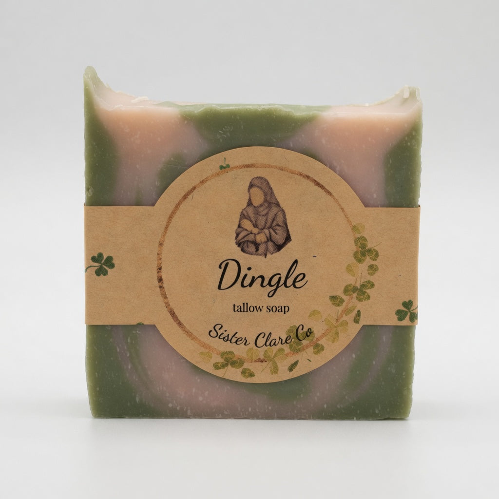 Dingle Tallow Soap on white background – versatile, eye-catching bar for daily faith-filled self-care and the gift everyone remembers and asks about again. Sister Clare Co. Handmade with Love & Prayer • Joy Purely Natural”