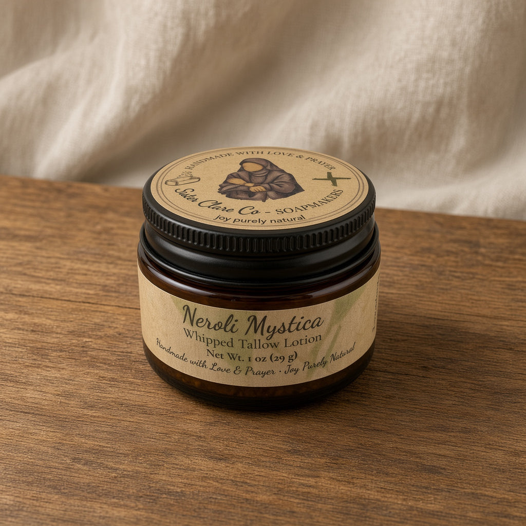 Neroli Mystica 1 oz lotion jar closed on wood