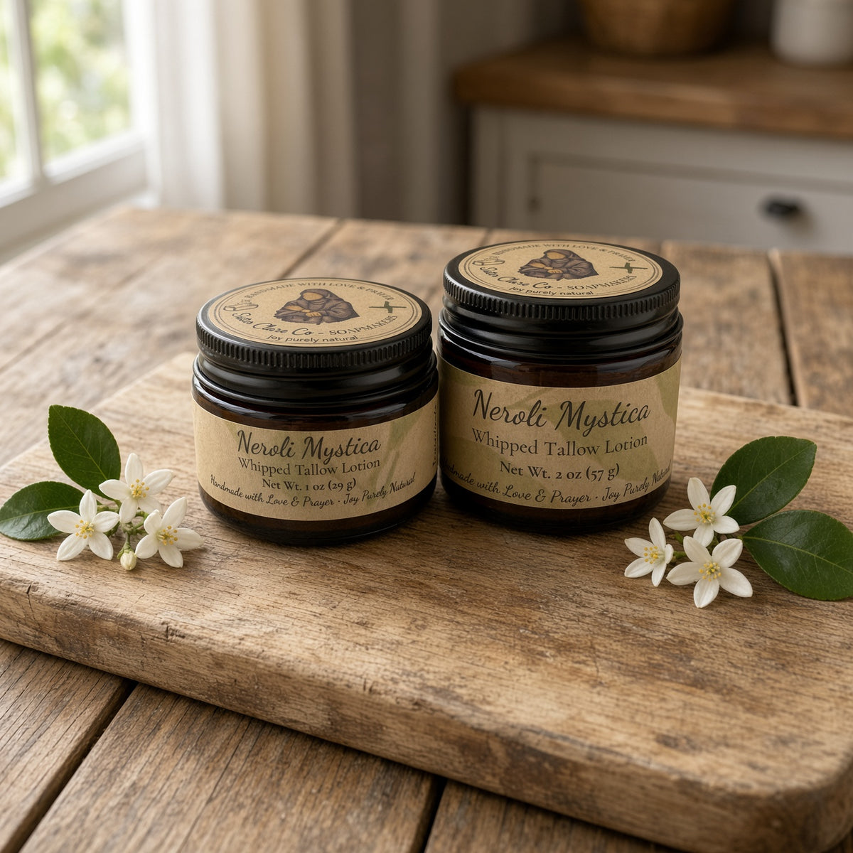 Neroli Mystica lotion jars together on board