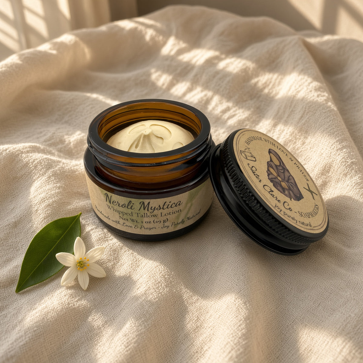 Neroli Mystica 1 oz open jar on linen