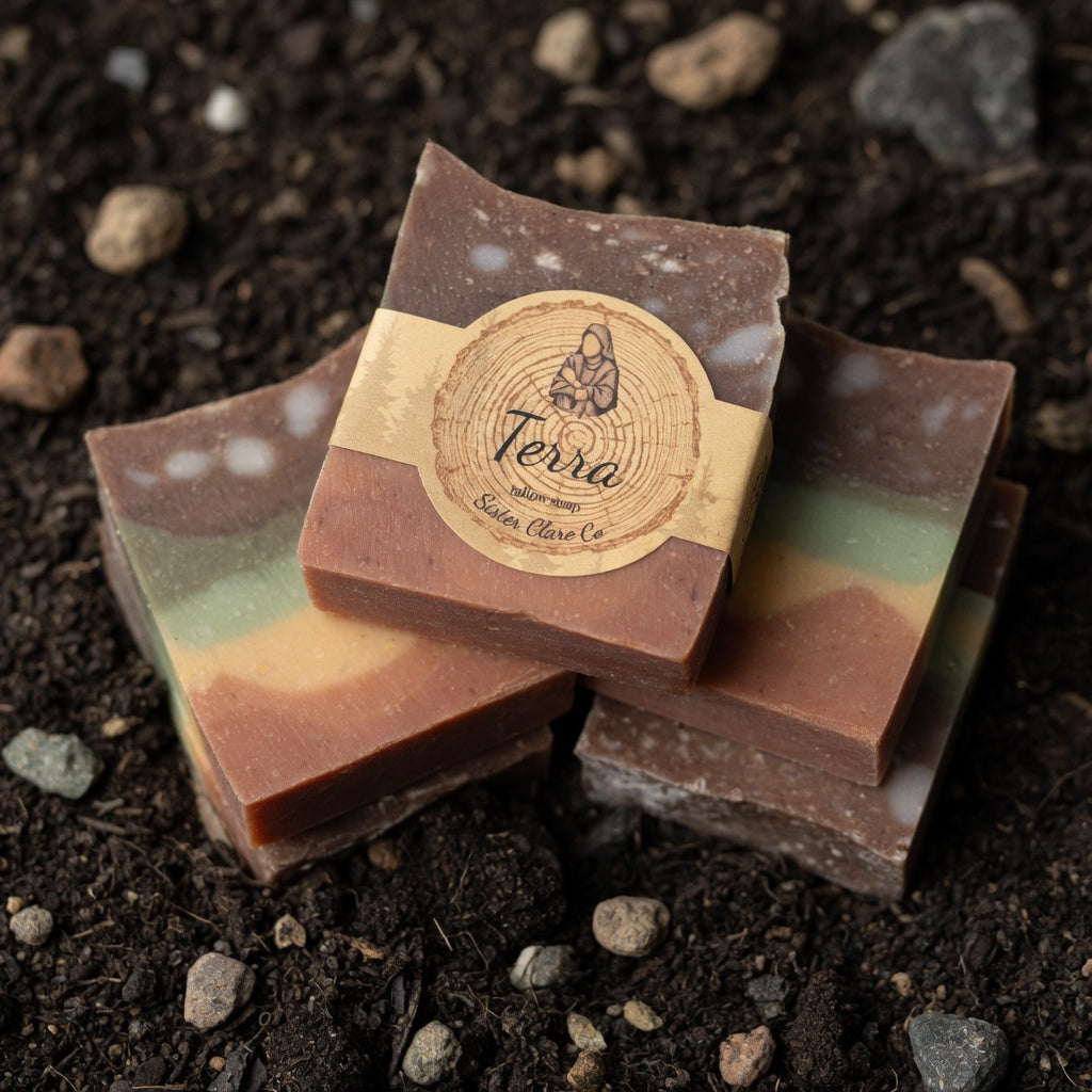 Terra Tallow Soap displayed with natural rocks and rich soil to evoke the Earth’s crust layers and grounding theme, perfectly matching the bar’s earthy colors and Sister Clare Co. label.