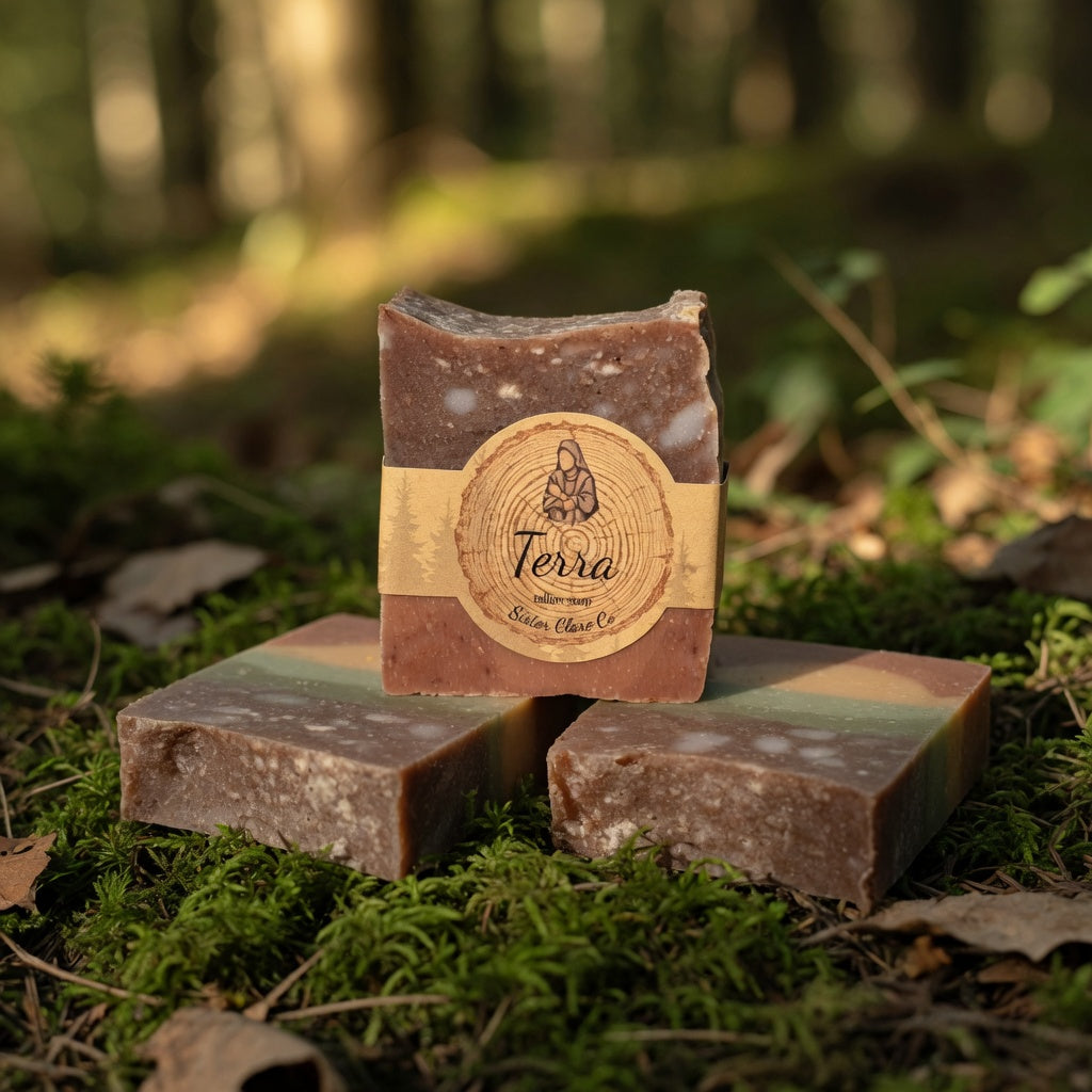 Terra Tallow Soap bar nestled among soft green moss and natural foliage on a forest-floor setting, evoking the grounding earthy theme and matching the bar’s rich layered colors and Sister Clare Co. label.