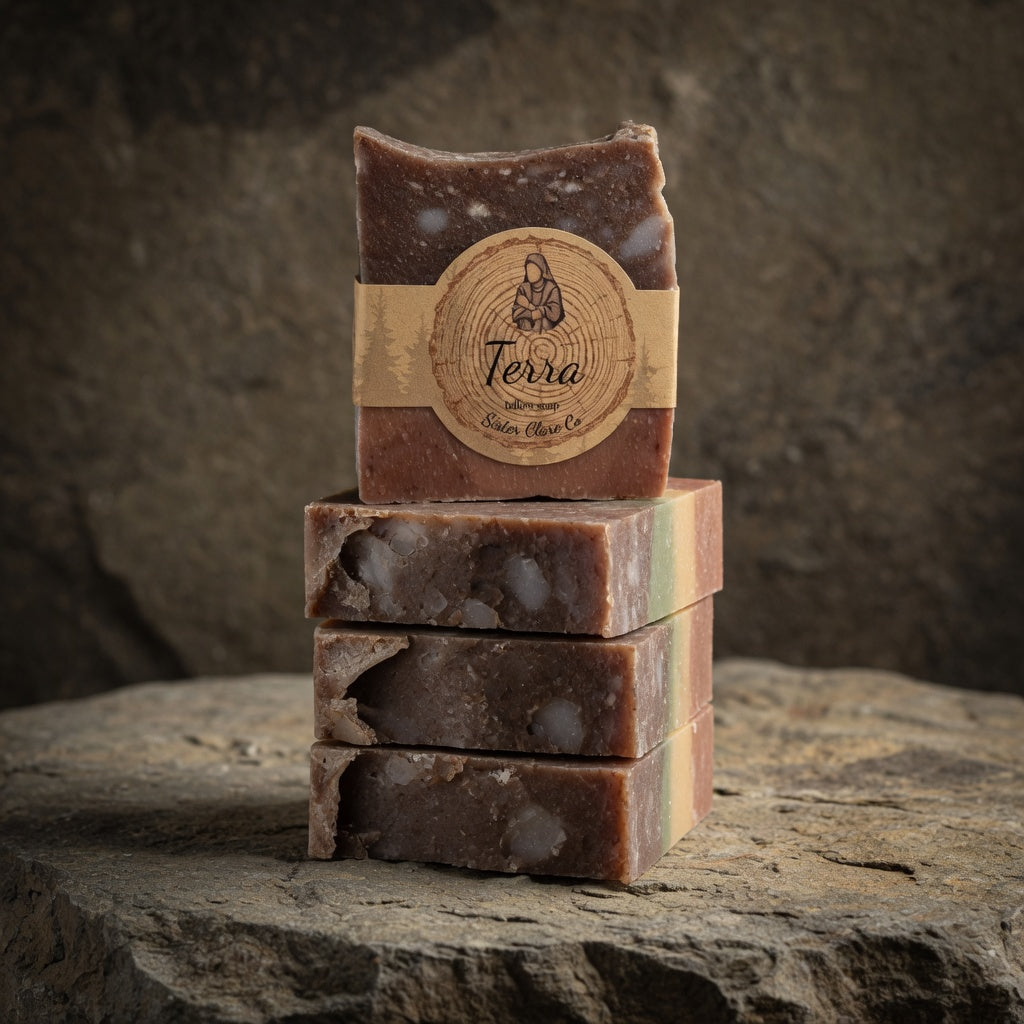 Stacked Terra Tallow Soap bars on a natural stone surface, highlighting the marbled earth-tone layers, thickness, and Sister Clare Co. label in a themed earthy setting.