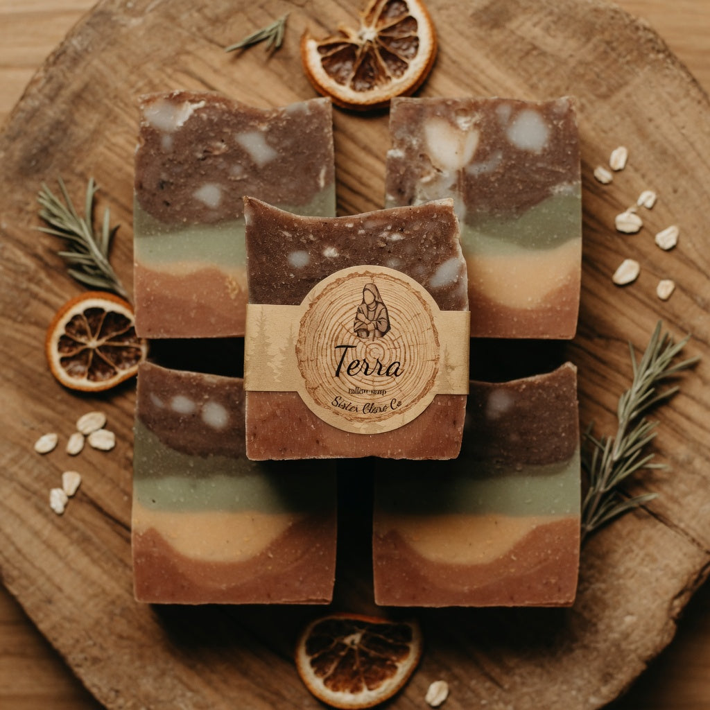 Overhead artistic composition of Terra Tallow Soap bars with warm earth-toned props and setting, showcasing the full earthy color palette, marbling, and Sister Clare Co. label.
